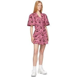 Ganni Pink Floral Cotton Belted 90's Wrap Mini Dress - Size 38 (US 4-6)
